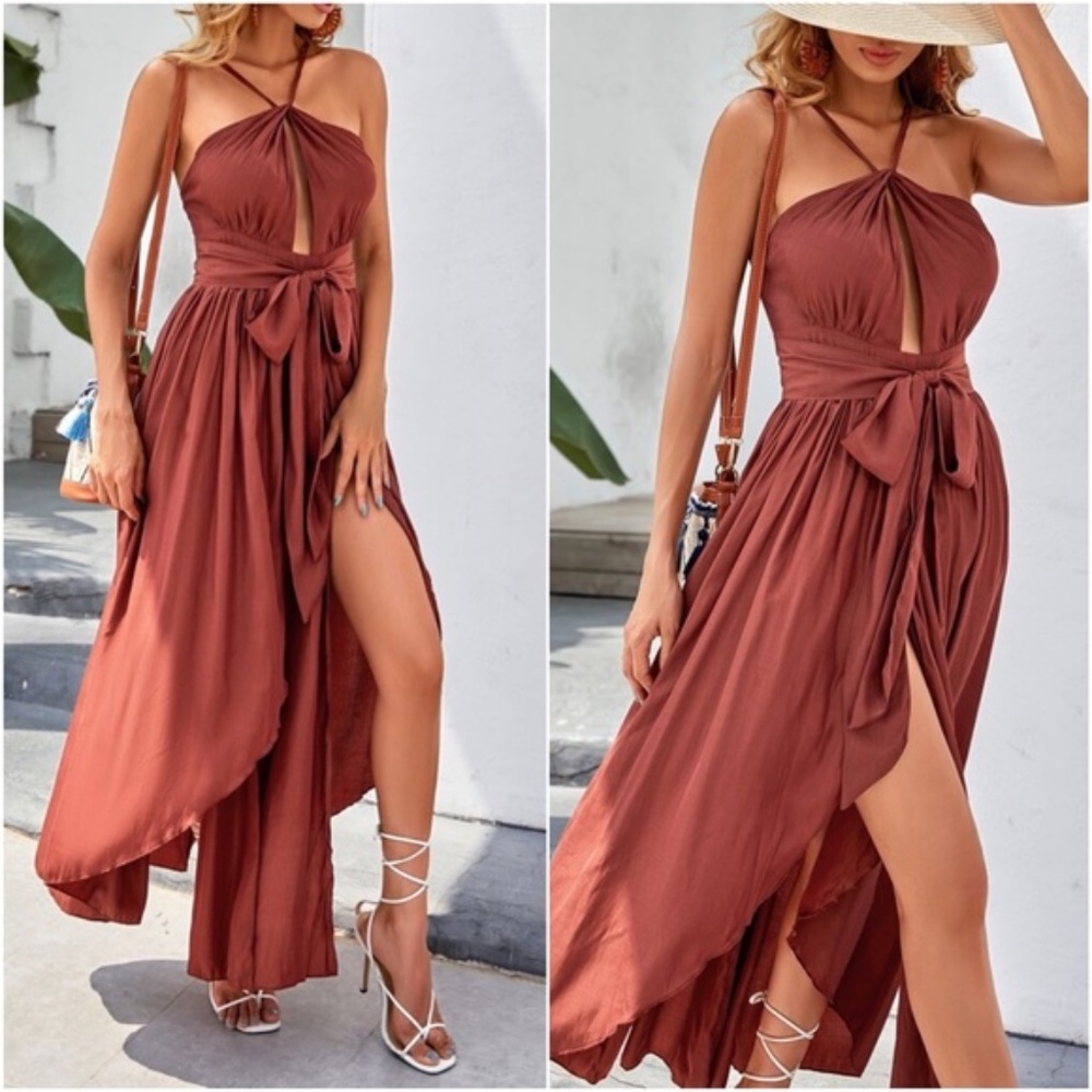 Boho Brick Red Halter Ruffle Cut out Front Split Thigh Dress